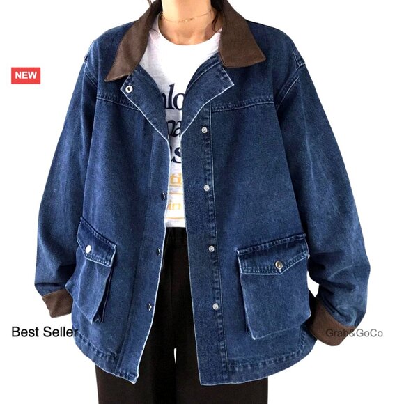 Oversized Denim Jacket Y2K Vintage Relaxed Fit Faux Leather Collar Silver